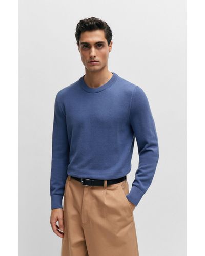 BOSS Micro-structured Crew-neck Sweater In Cotton - Blue