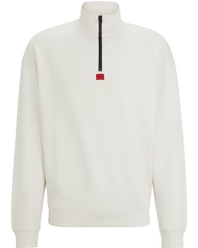 HUGO Relaxed-fit Sweatshirt Met Ritskraag Van Katoenen Sweatstof - Wit