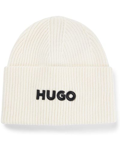 HUGO Logo-embroidered Beanie Hat In A Virgin-wool Blend - Natural