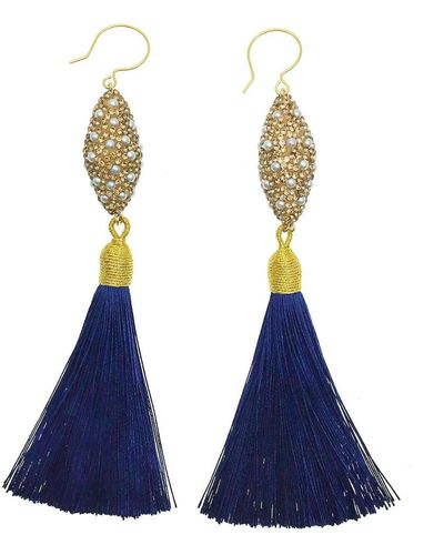 FARRA Jewelry Pearl Inlaid Gold Charm And Blue Tassel Earrings