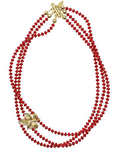 FARRA Jewelry Farra Triple Strand Red Coral And Gold Leaf Charm Necklace