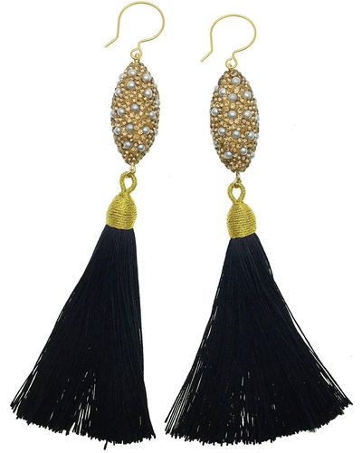 FARRA Jewelry Inlaid Pearl Charm And Black Tassel Earrings