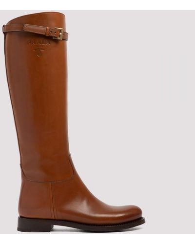 Prada 30 Logo-embossed Leather Knee Boots - Brown
