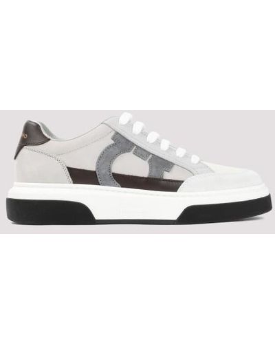 Ferragamo Gray Cloud Suede Leather Cassina Sneakers - White