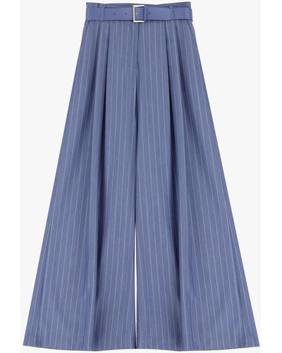 Imperial Pantalon palazzo avec fines rayures, pinces et ceinture - Bleu
