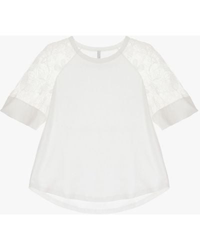 Imperial T-shirt en coton avec manches en dentelle à effet transparent - Blanc