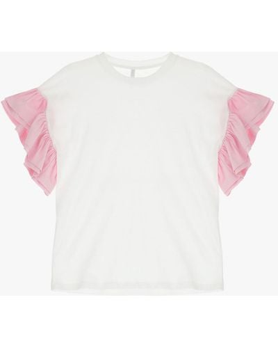 Imperial T-shirt pur coton uni avec manches à volants rayés - Blanc