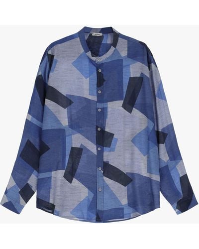 Imperial Camicia Fantasia Geometrica Con Colletto Alla Coreana - Blu
