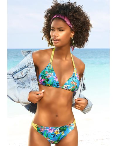 Venice Beach Bikini-Hose "Hanni", mit tropischem Print und gelben Details - Blau