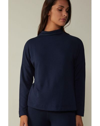 Intimissimi T-shirt col cheminée en molleton de modal avec cachemire - Bleu