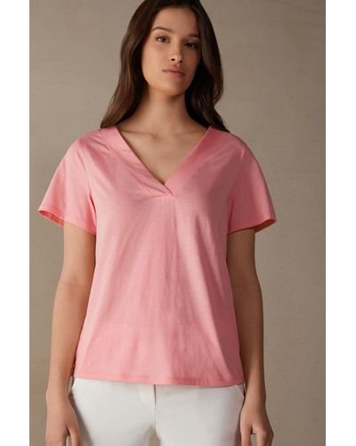Intimissimi T-shirt manches courtes à col en V en coton ultraléger supima® - Rose