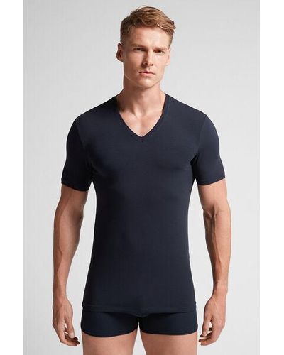 Intimissimi T-shirt Scollo a V in Cotone Superior Elasticizzato - Blu