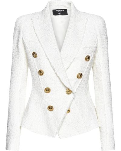 Balmain Double-Breasted Tweed Blazer With Logo Buttons - White