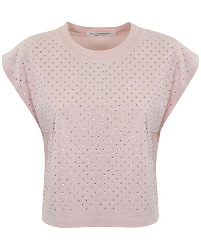 Philosophy Di Lorenzo Serafini Cotton T-Shirt With Rhinestones - Pink
