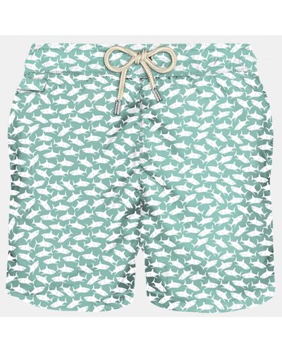 Mc2 Saint Barth Light Fabric Swim Shorts With Sharks Print - Green