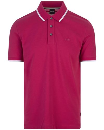 BOSS Fuchsia Slim Fit Polo Shirt With Striped Collar - Pink