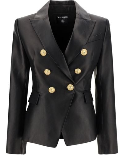 Balmain Double-Breasted Leather Blazer - Black