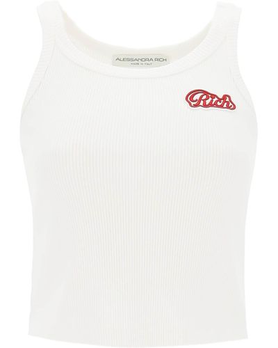 Alessandra Rich Ribbed Tank Top With Logo Patch - White