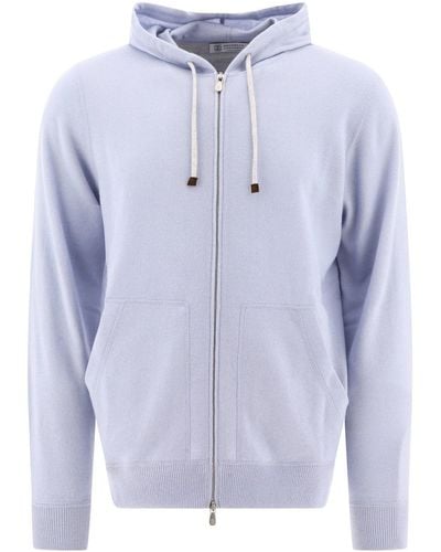 Brunello Cucinelli Drawstring Zipped Knitted Hoodie - Blue