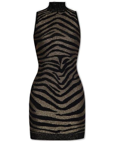 Balmain Zebra Printed Highneck Mini Dress - Black