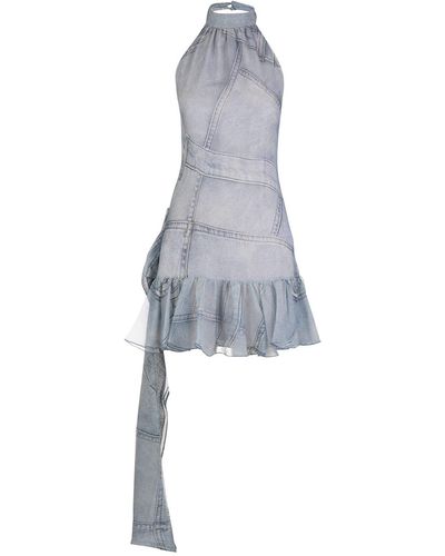 Blumarine Short Dress In Silk With Denim Print - Blue