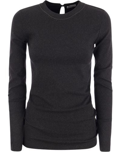Brunello Cucinelli Ribbed Stretch Cotton Jersey T-shirt With Jewelry - Black