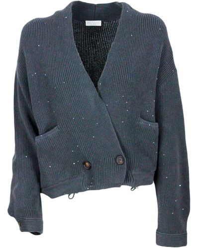 Brunello Cucinelli Cardigan Sweater With Micro Sequins - Blue