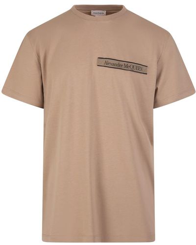 Alexander McQueen Dark Beige T-shirt With Selvedge Logo Band - Natural