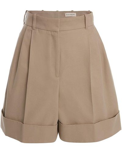 Alexander McQueen Woman Panama Cotton Shorts With Pleats - Natural