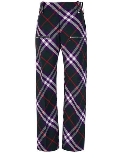 Burberry Checked Motif Wool Trousers - Blue