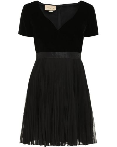 Gucci V-neck Pleated Mini Dress - Black