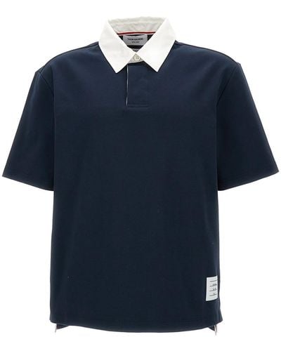 Thom Browne Short Sleeve Rugby Polo In Heavy Jersey W/cotton Twill Combo - Blue