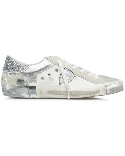 Philippe Model Glitter Detailed Lace-Up Trainers - White