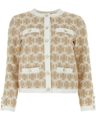 Tory Burch Embroidered Polyester Blend Cardigan - Natural