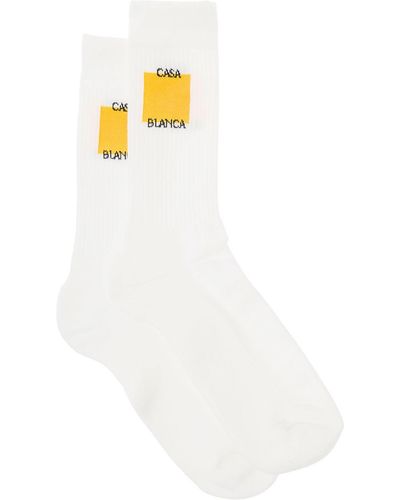 Casablancabrand White High Socks With Logo Print In Cotton