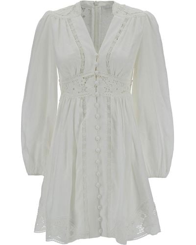 Zimmermann Mini White Dress With Embroideries And Puff Sleeves In Linen Woman - Gray