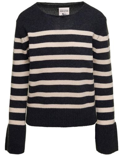 Semicouture Striped Sweater With Wide Crewneck And Long Sleeves - Black