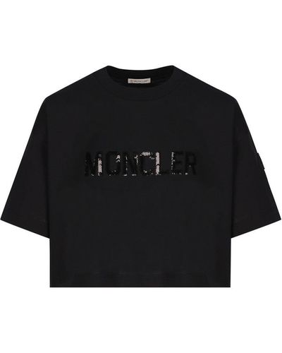 Moncler Sequin Logo Crewneck Cropped T-Shirt - Black