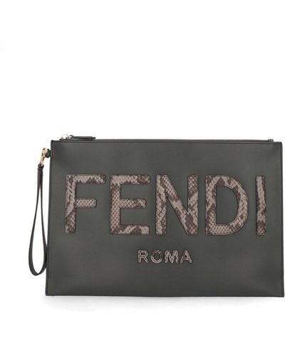 Fendi Logo Detailed Large Flat Pouch - Gray