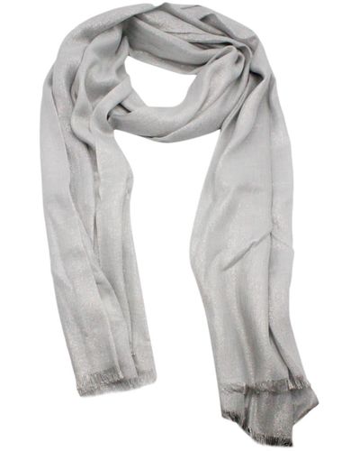 Brunello Cucinelli Scarf In Cashmere And Silk, Embellished With Lurex Threads And Frills At The Bottom - Gray