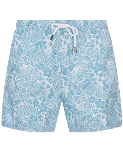 Fedeli Sky Swim Shorts With Tropical Pattern - Blue