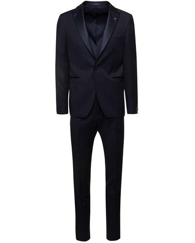 Tagliatore E Single-breasted Jacket With Logo Charm In Wool - Blue