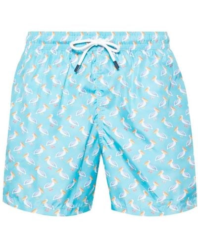 Fedeli Light Swim Shorts With Pelicans Pattern - Blue