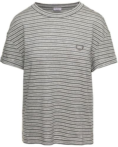Brunello Cucinelli Striped Short-sleeve T-shirt In Gray Linen Blend Woman