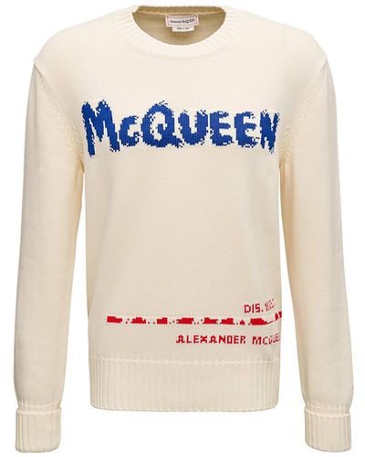 Alexander McQueen Ivory Colored Cotton Jumper With Logo - Multicolour