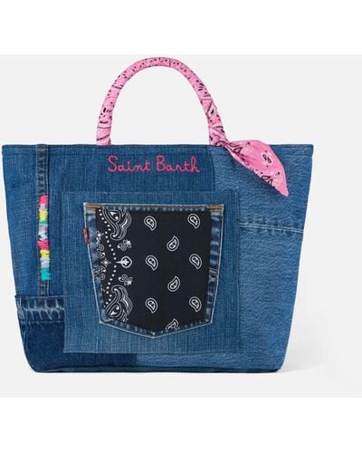 Mc2 Saint Barth Denim Patchwork Handbag With Bandanna Handles - Blue