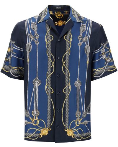 Versace Short-sleeve Brand-print Regular-fit Silk Shirt - Blue