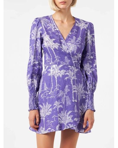 Mc2 Saint Barth Linen Short Dress Brilly With Toile De Jouy Print - Purple