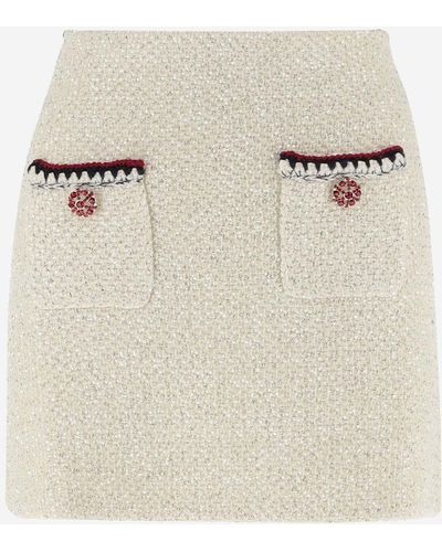 Self-Portrait Wool And Cotton Blend Skirt With Jewel Detailing - Natural