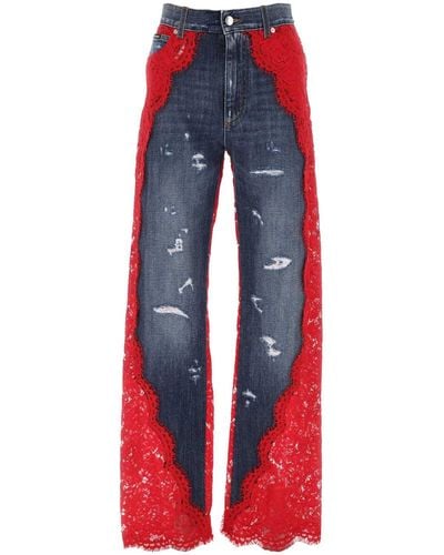 Dolce & Gabbana Two-Tone Denim And Lace Jeans - Red
